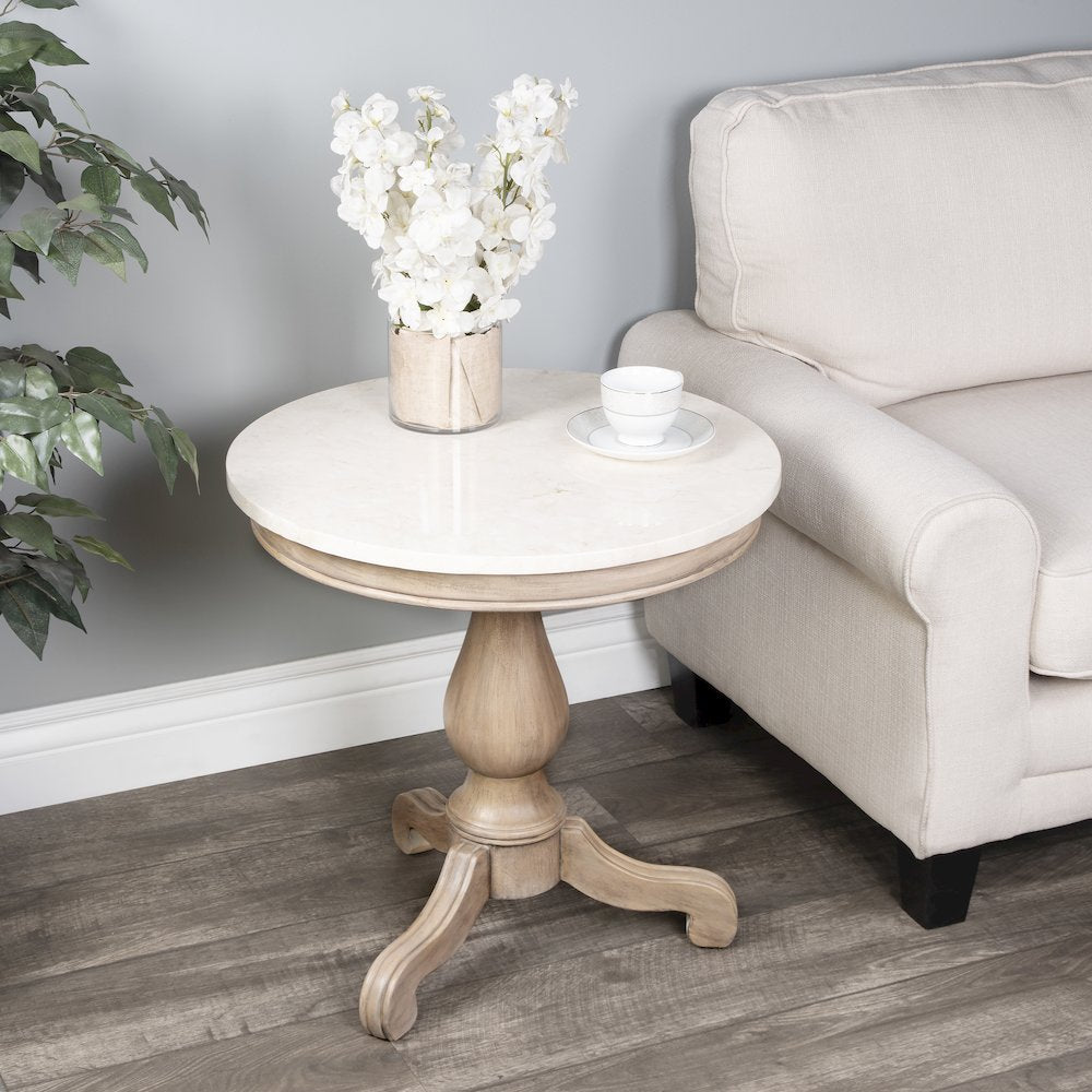 Danielle Marble 24" Pedestal Side Table, Tan/Beige