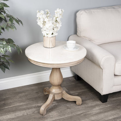 Danielle Marble 24" Pedestal Side Table, Tan/Beige
