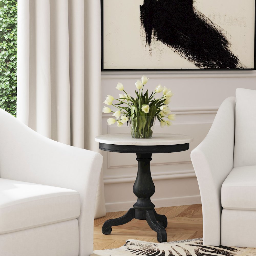 Danielle Marble 24" Pedestal Side Table, Black