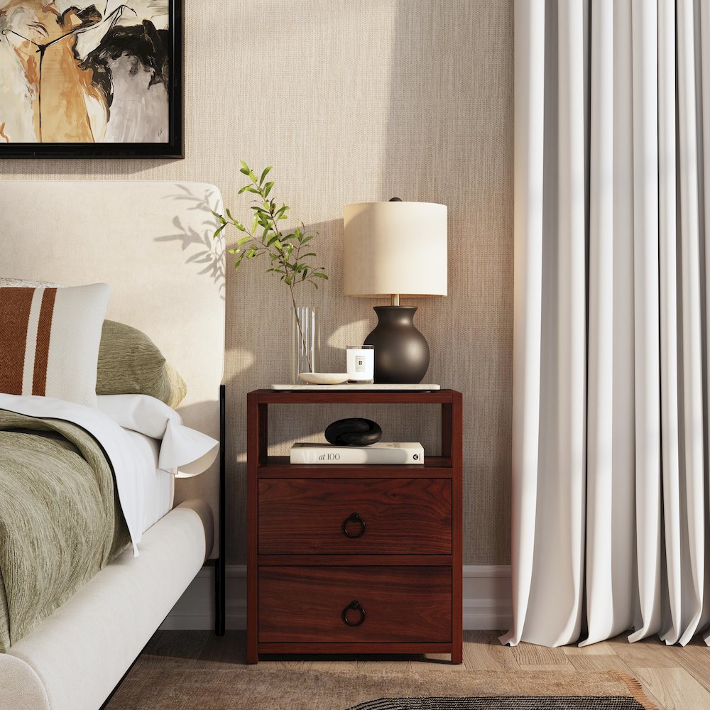 Lark 21 in. W Wood 2 Drawer Nightstand with Shelf, Medium Brown