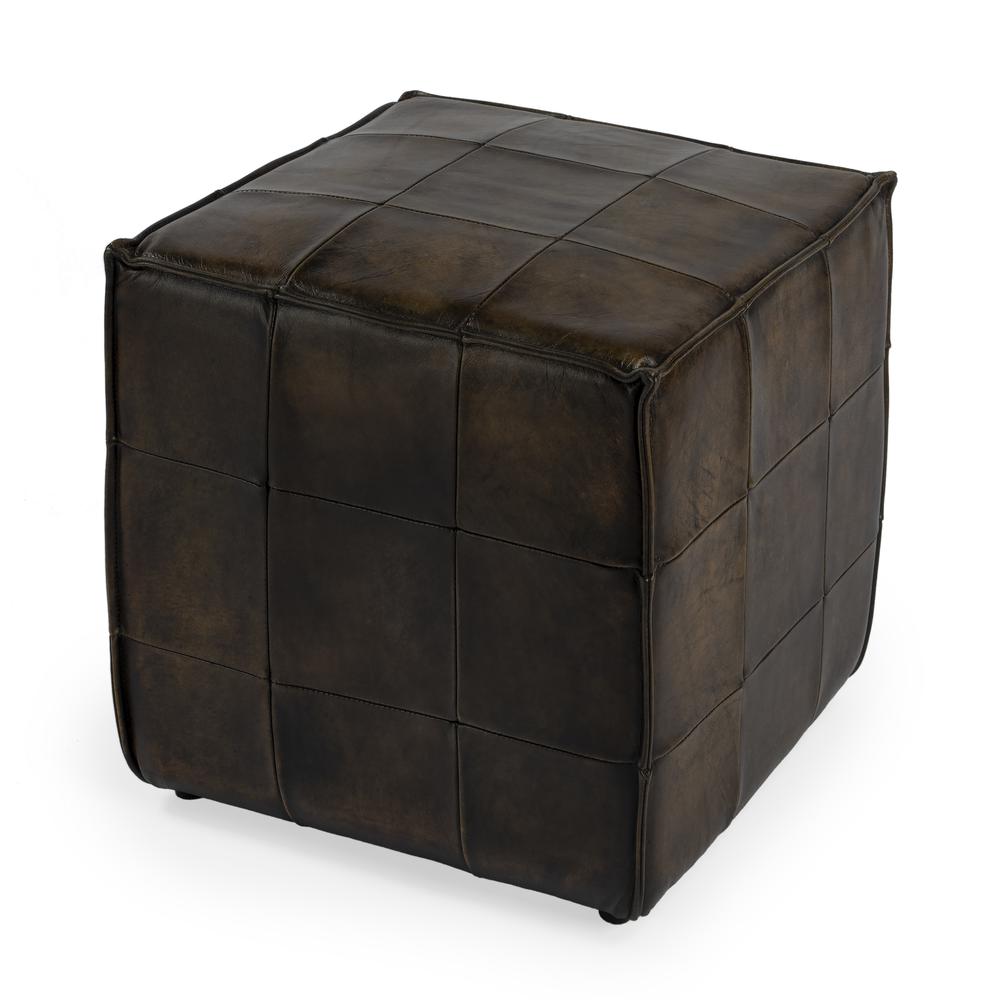 Leon Leather Cube Ottoman, Dark Brown