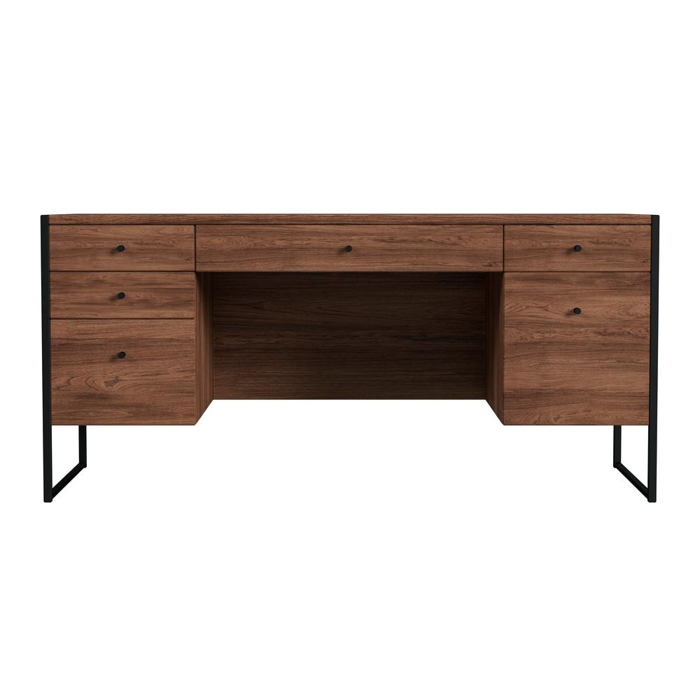 Drake 6 Drawer Iron and Wood Executive Desk, Medium Brown