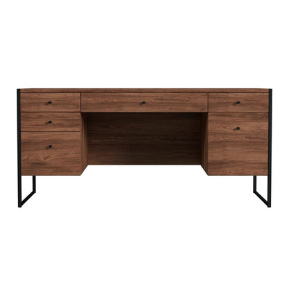 Drake 6 Drawer Iron and Wood Executive Desk, Medium Brown