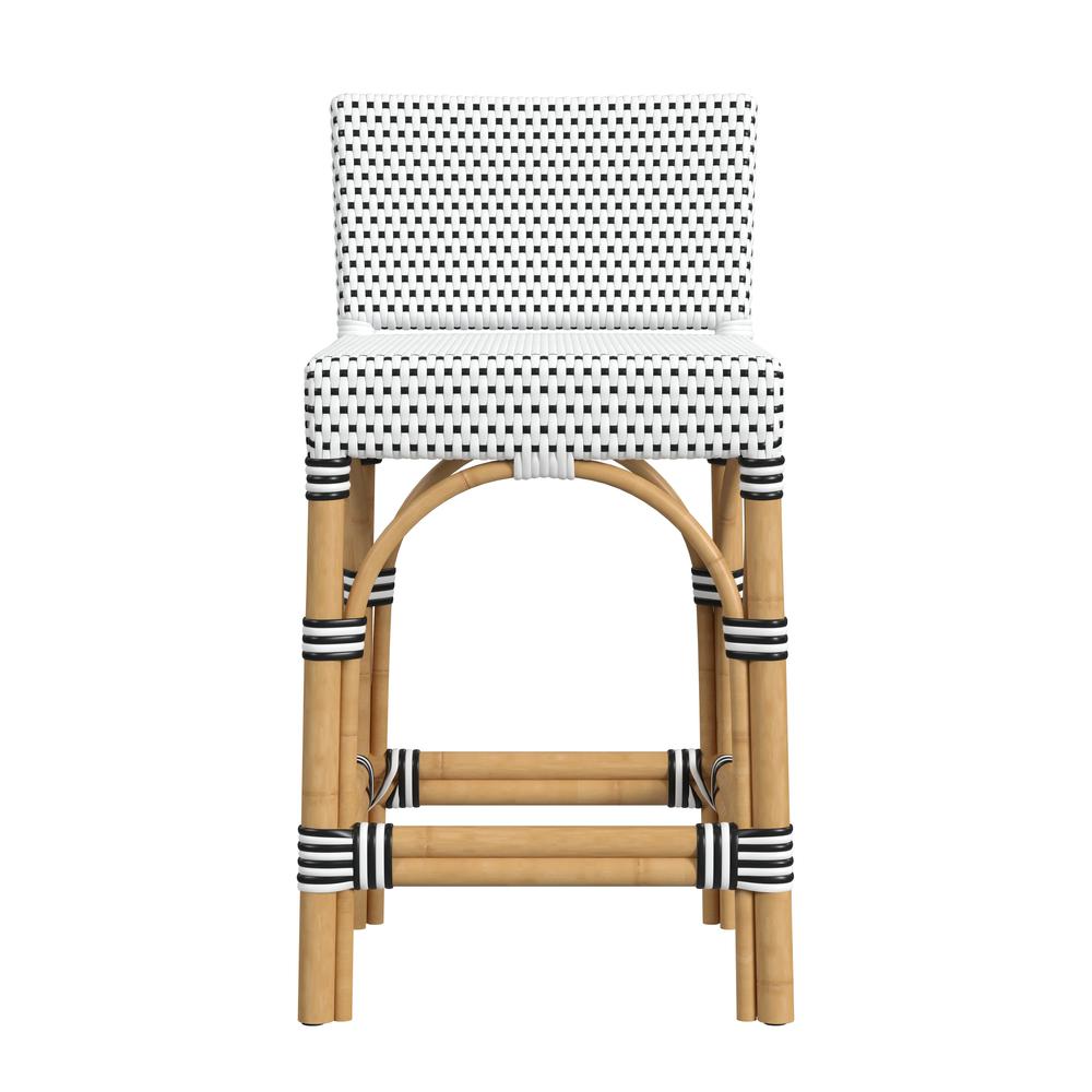 Serienna Rectangular Rattan Low Back 24.5" Counter Stool, Black and White