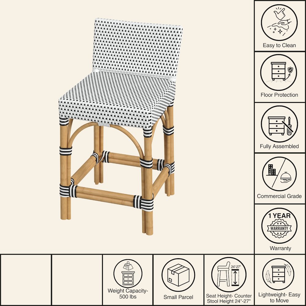 Serienna Rectangular Rattan Low Back 24.5" Counter Stool, Black and White