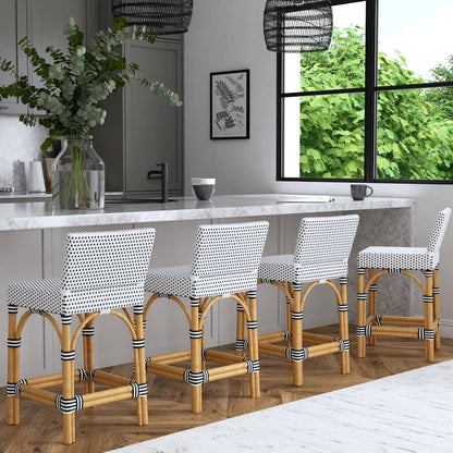 Serienna Rectangular Rattan Low Back 24.5" Counter Stool, Black and White