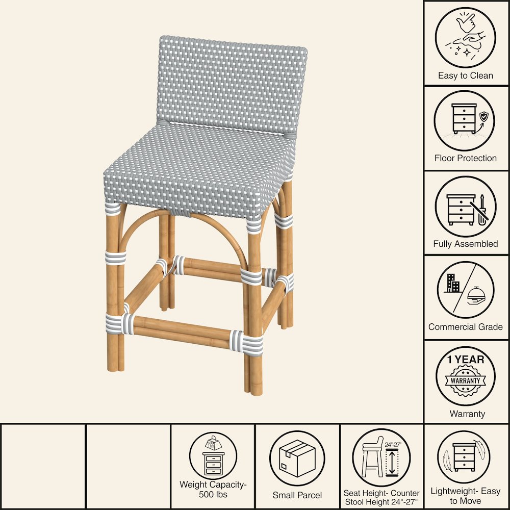 Serienna Rectangular Rattan Low Back 24.5" Counter Stool, Gray and White