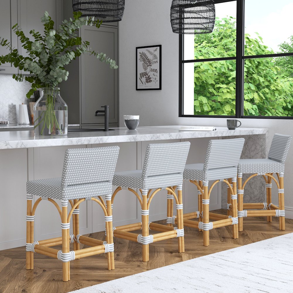 Serienna Rectangular Rattan Low Back 24.5" Counter Stool, Gray and White