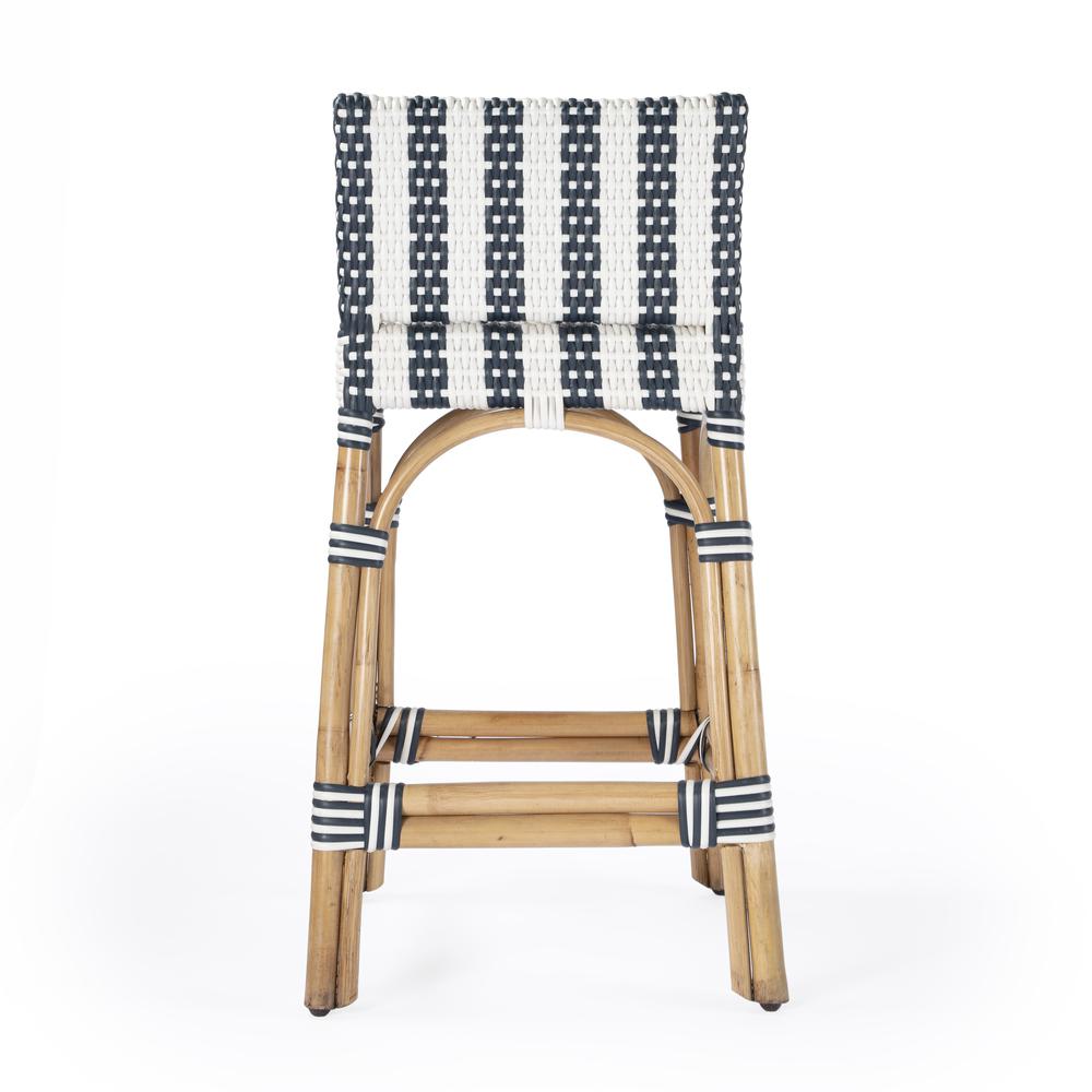 Serienna Rectangular Rattan Low Back 24.5" Counter Stool, White and Navy Stripe