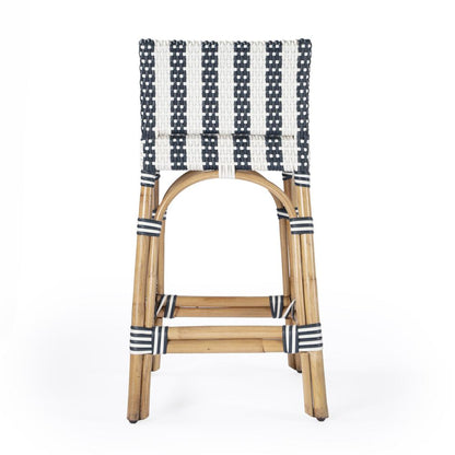 Serienna Rectangular Rattan Low Back 24.5" Counter Stool, White and Navy Stripe