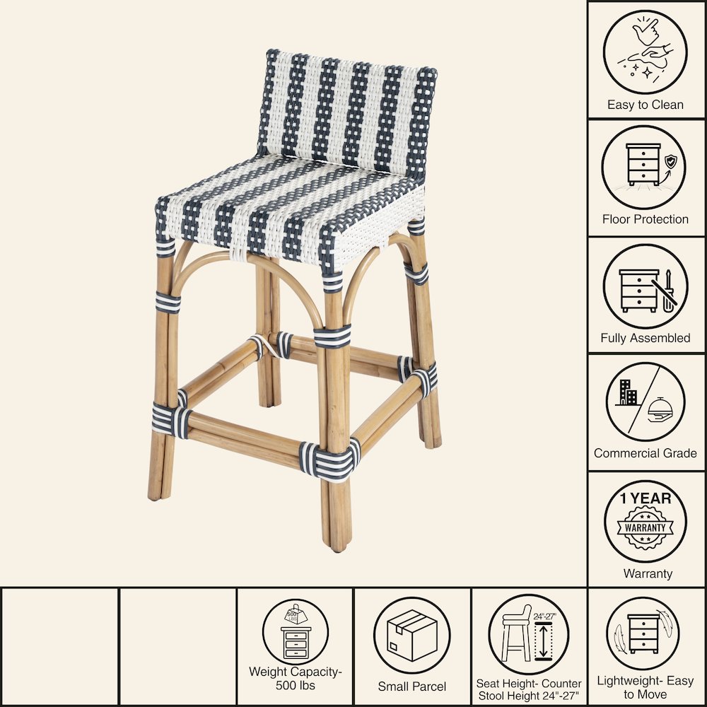 Serienna Rectangular Rattan Low Back 24.5" Counter Stool, White and Navy Stripe