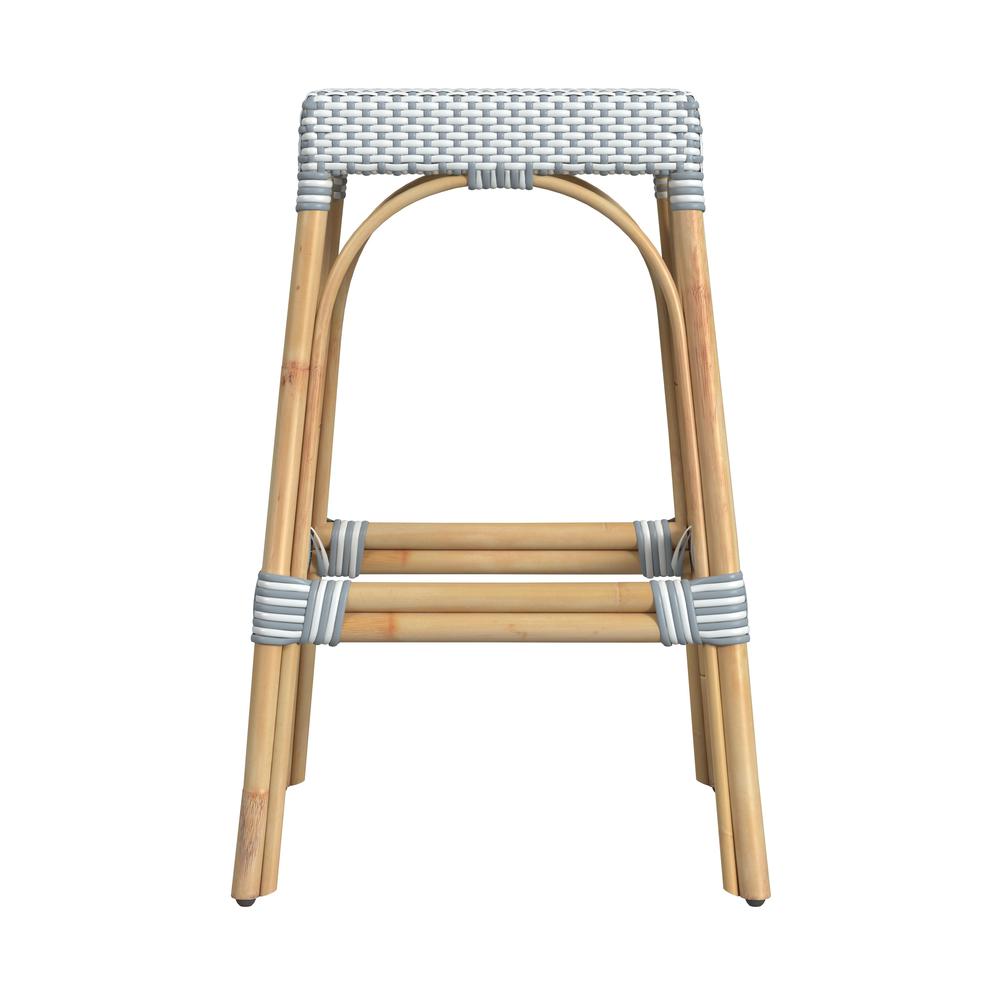 Robias Rectangular Rattan 30" Bar Stool, White and Sky Blue Dot