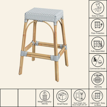 Robias Rectangular Rattan 30" Bar Stool, White and Sky Blue Dot