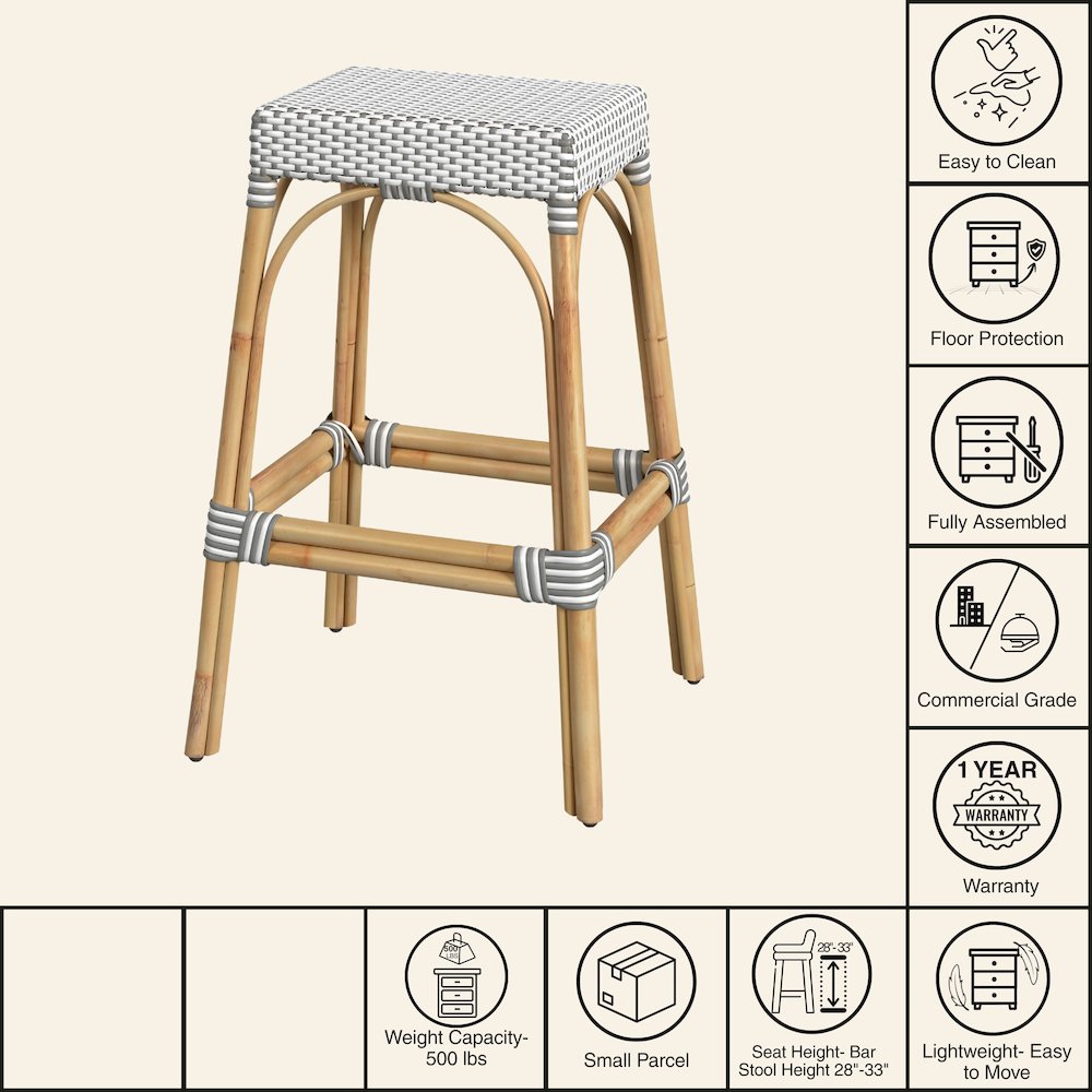 Robias Rectangular Rattan 30" Bar Stool, Gray and White Dot