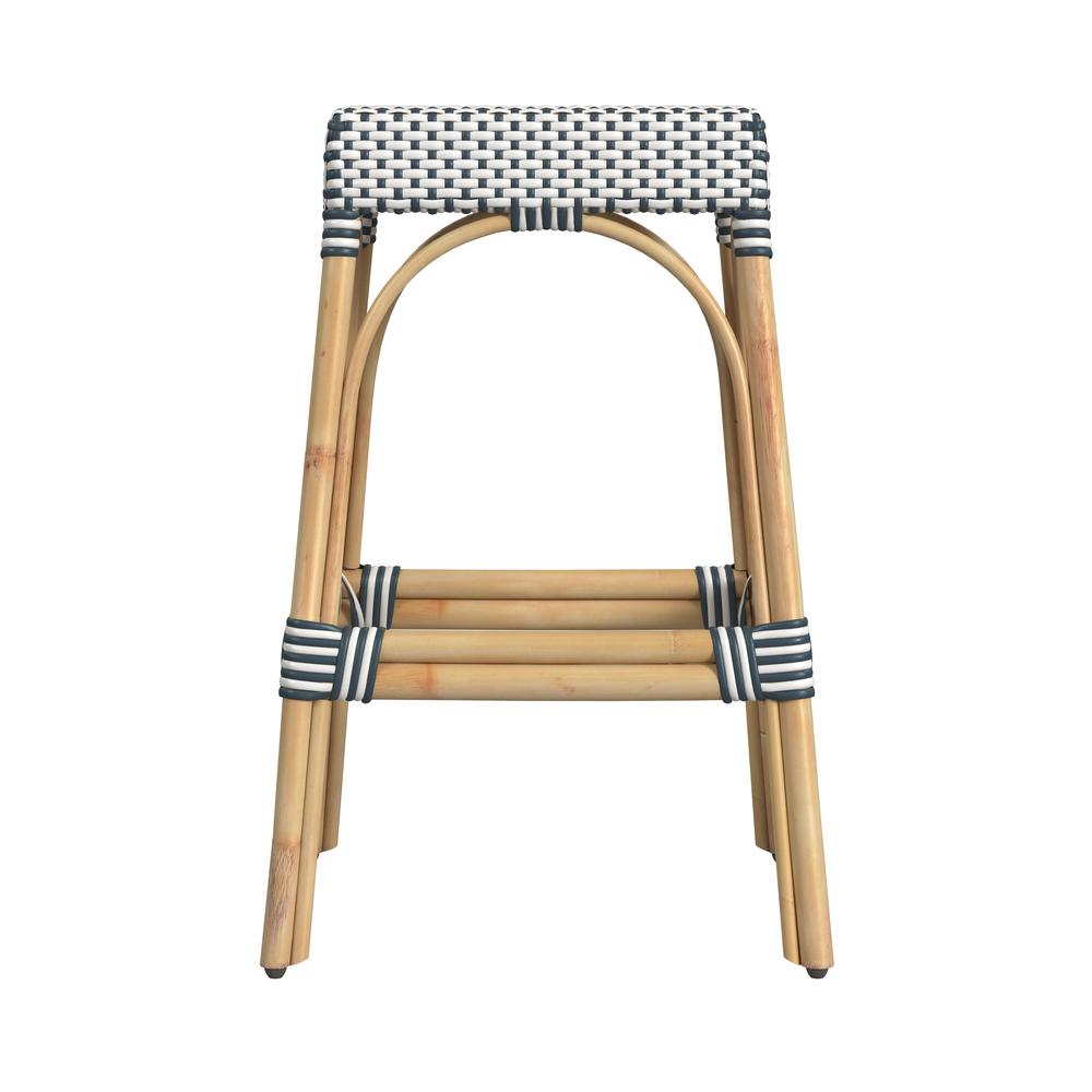 Robias Rectangular Rattan 30" Bar Stool, White and Navy Stripe