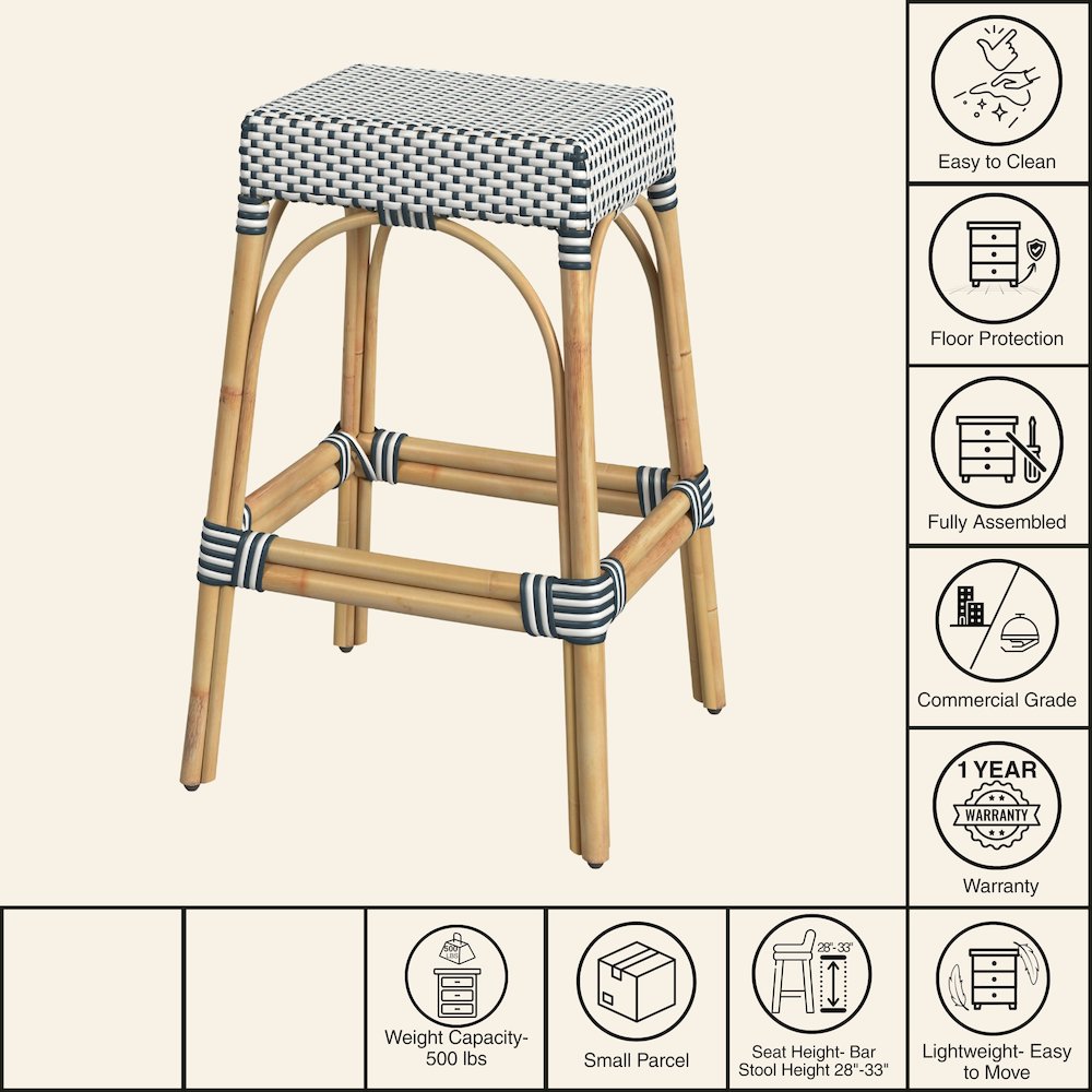 Robias Rectangular Rattan 30" Bar Stool, White and Navy Stripe