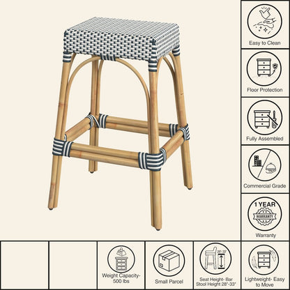 Robias Rectangular Rattan 30" Bar Stool, White and Navy Stripe