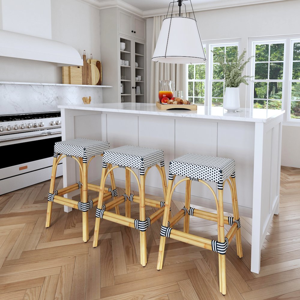 Robias Rectangular Rattan 30" Bar Stool, White and Navy Stripe