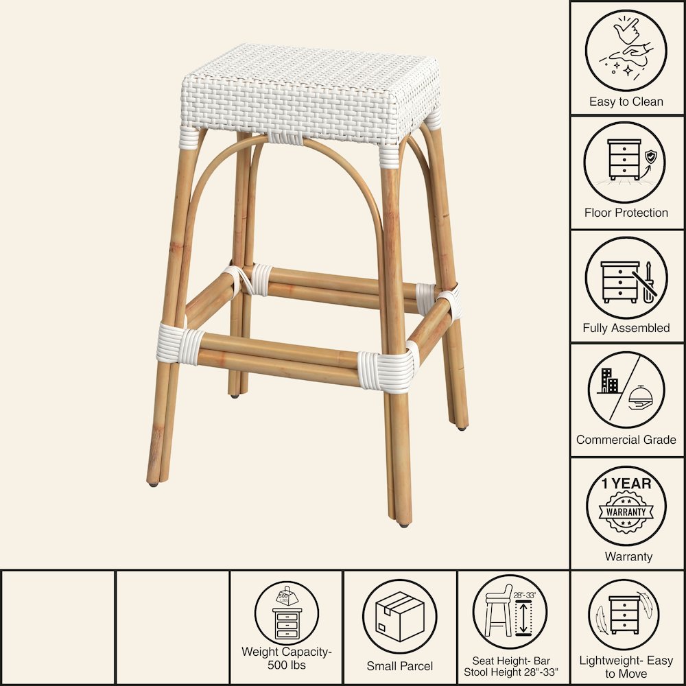 Robias Rectangular Rattan 30" Bar Stool, Glossy White