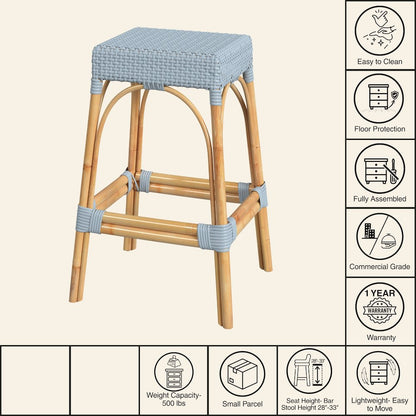 Robias Rectangular Rattan 30" Bar Stool, Baby Blue