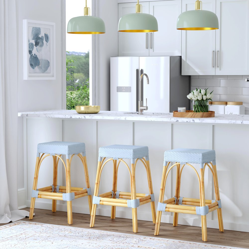 Robias Rectangular Rattan 30" Bar Stool, Baby Blue
