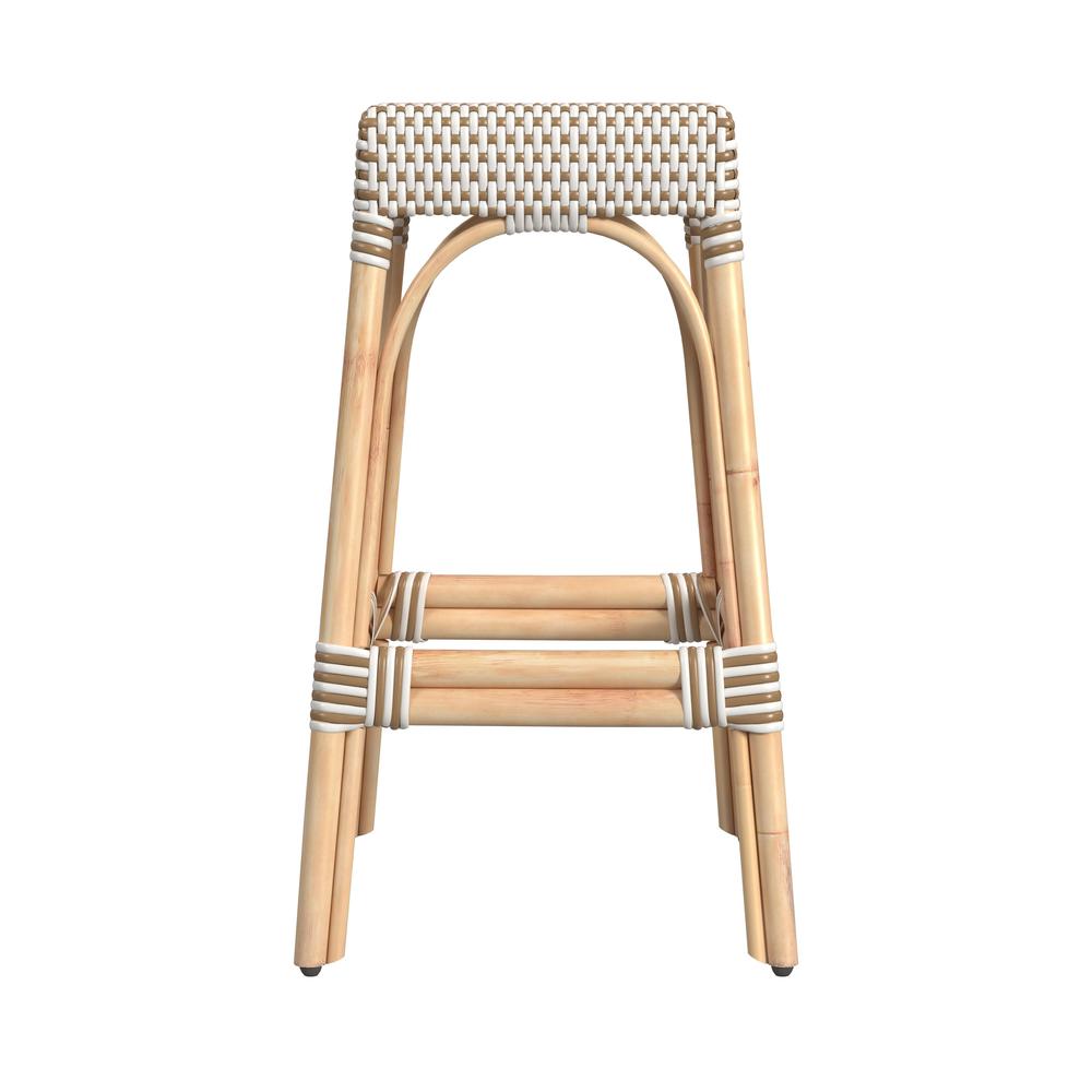 Robias Rectangular Rattan 30" Bar Stool, White and Tan Dot