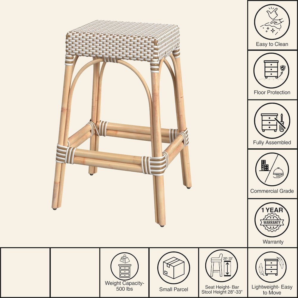 Robias Rectangular Rattan 30" Bar Stool, White and Tan Dot