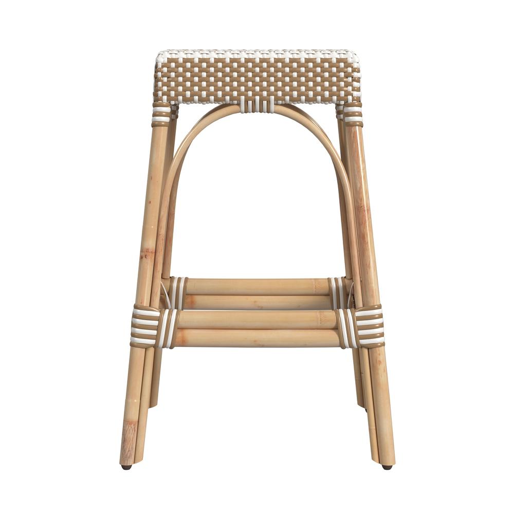 Robias Rectangular Rattan 30" Bar Stool, Tan and White Stripe