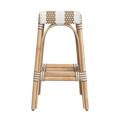 Robias Rectangular Rattan 30" Bar Stool, Tan and White Stripe