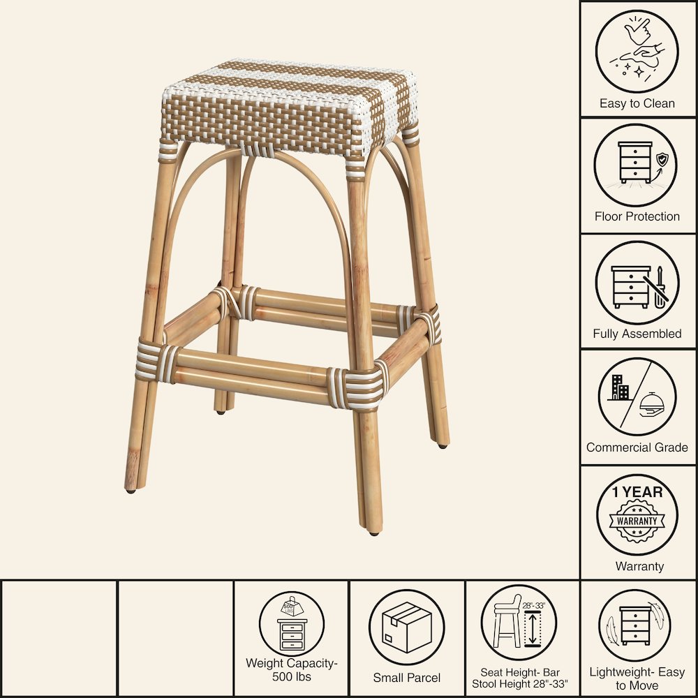 Robias Rectangular Rattan 30" Bar Stool, Tan and White Stripe
