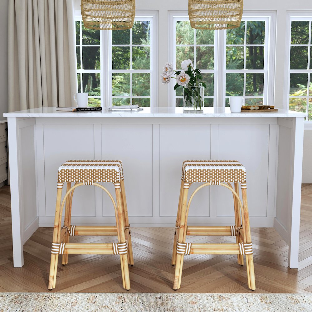 Robias Rectangular Rattan 30" Bar Stool, Tan and White Stripe