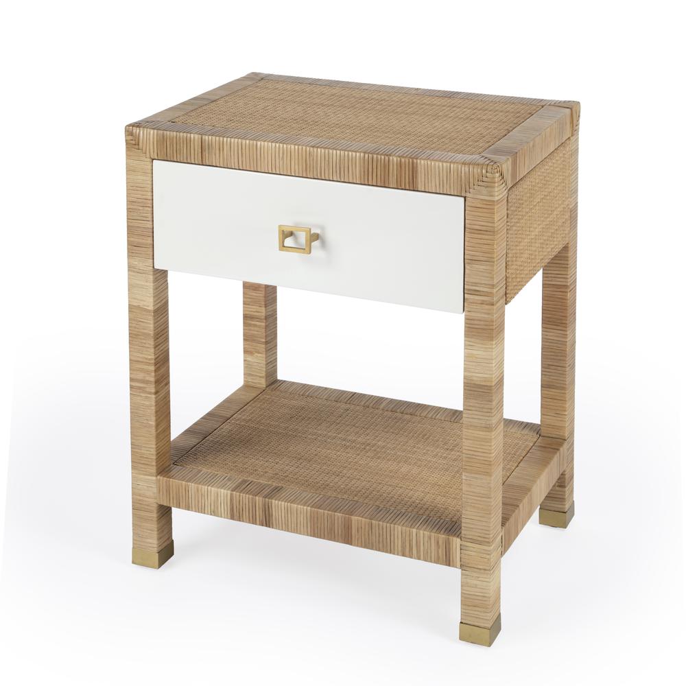 Corfu 1 Drawer Natural Rattan Nightstand, Natural and White