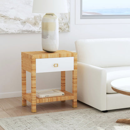 Corfu 1 Drawer Natural Rattan Nightstand, Natural and White