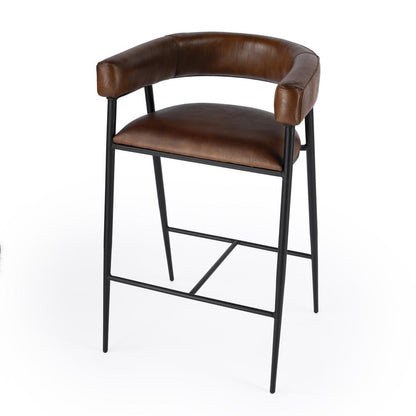 Dallas Leather and Iron cushioned 28.5" Bar Stool, Medium Brown