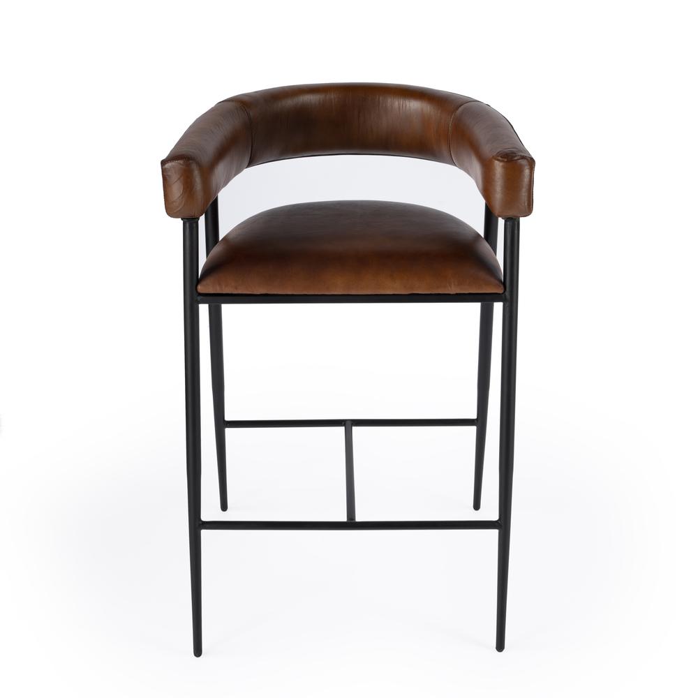 Dallas Leather and Iron cushioned 28.5" Bar Stool, Medium Brown