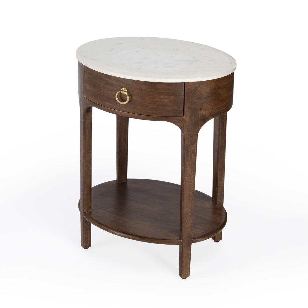 Ellen 18.25 in. W Oval Marble and Wood 1 Drawer Nightstand, Medium Brown