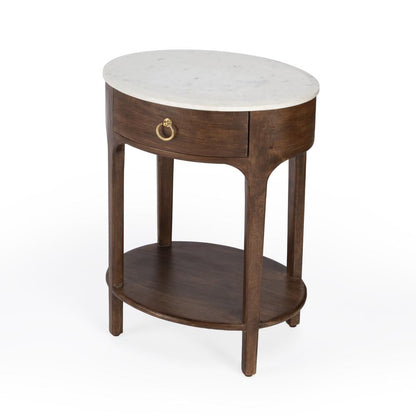 Ellen 18.25 in. W Oval Marble and Wood 1 Drawer Nightstand, Medium Brown