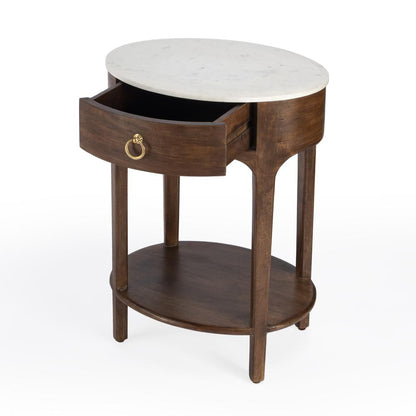Ellen 18.25 in. W Oval Marble and Wood 1 Drawer Nightstand, Medium Brown