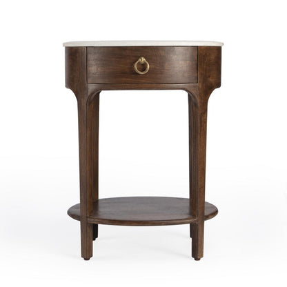 Ellen 18.25 in. W Oval Marble and Wood 1 Drawer Nightstand, Medium Brown