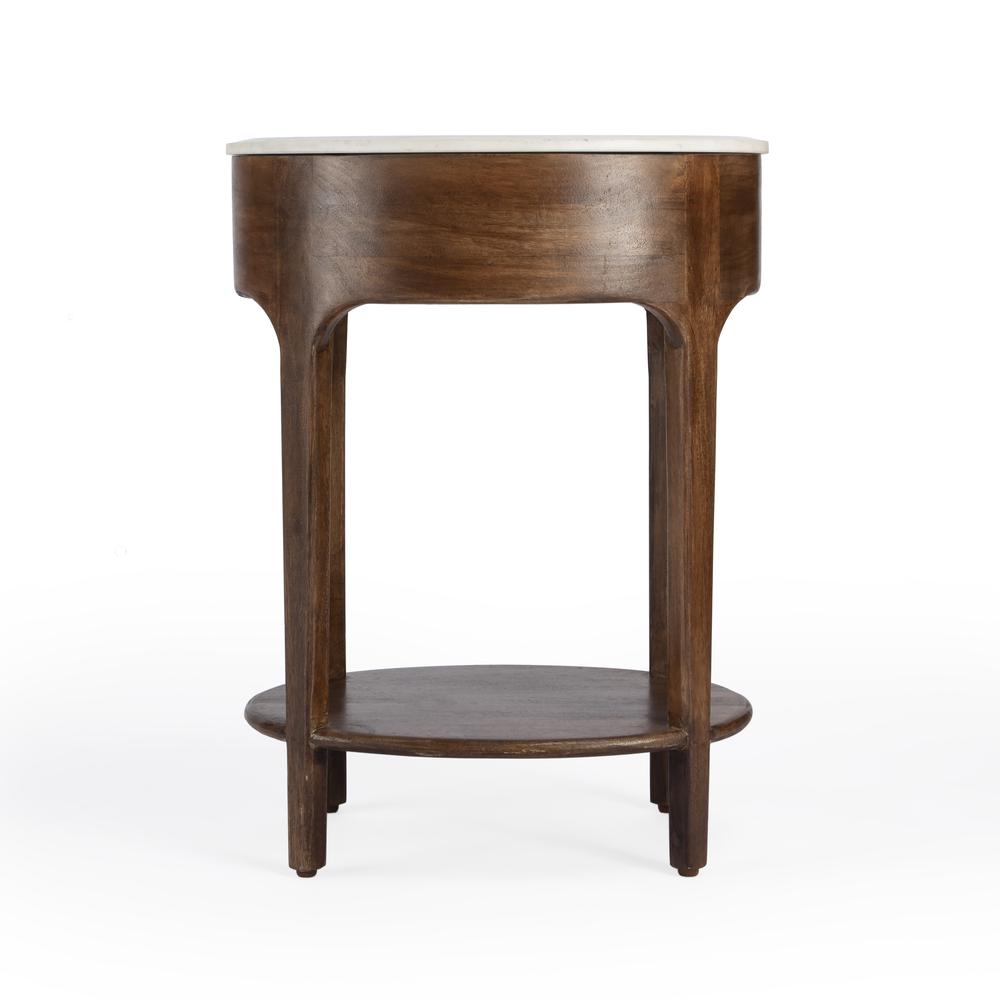 Ellen 18.25 in. W Oval Marble and Wood 1 Drawer Nightstand, Medium Brown