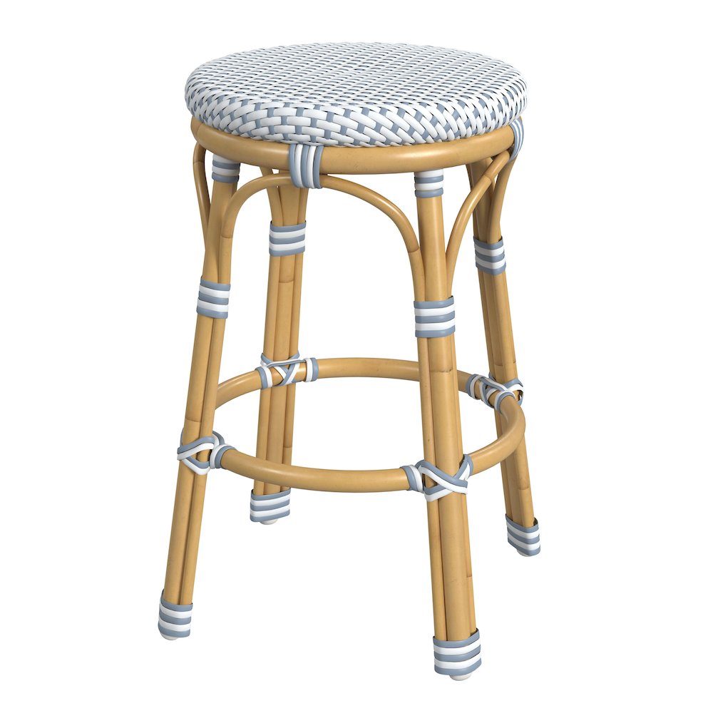 Tobias 24 in. Seat Height Outdoor Rattan and Metal Backless Counter Stool, Blue