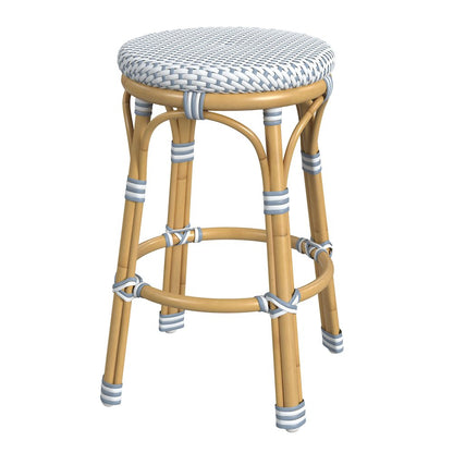 Tobias 24 in. Seat Height Outdoor Rattan and Metal Backless Counter Stool, Blue