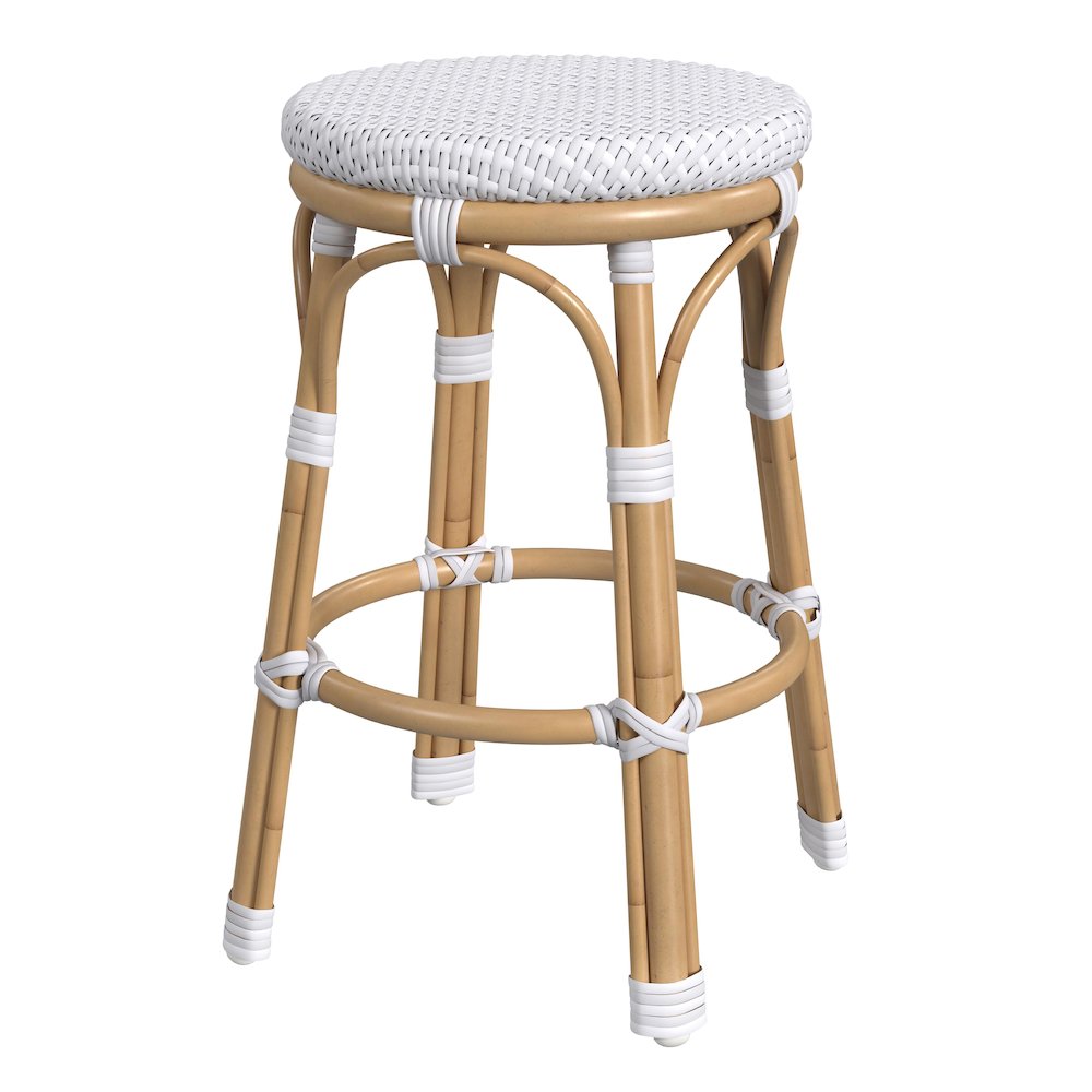 Tobias 24 in. Seat Height Outdoor Rattan and Metal Backless Counter Stool, White