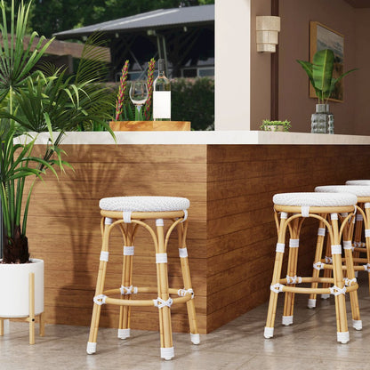Tobias 24 in. Seat Height Outdoor Rattan and Metal Backless Counter Stool, White