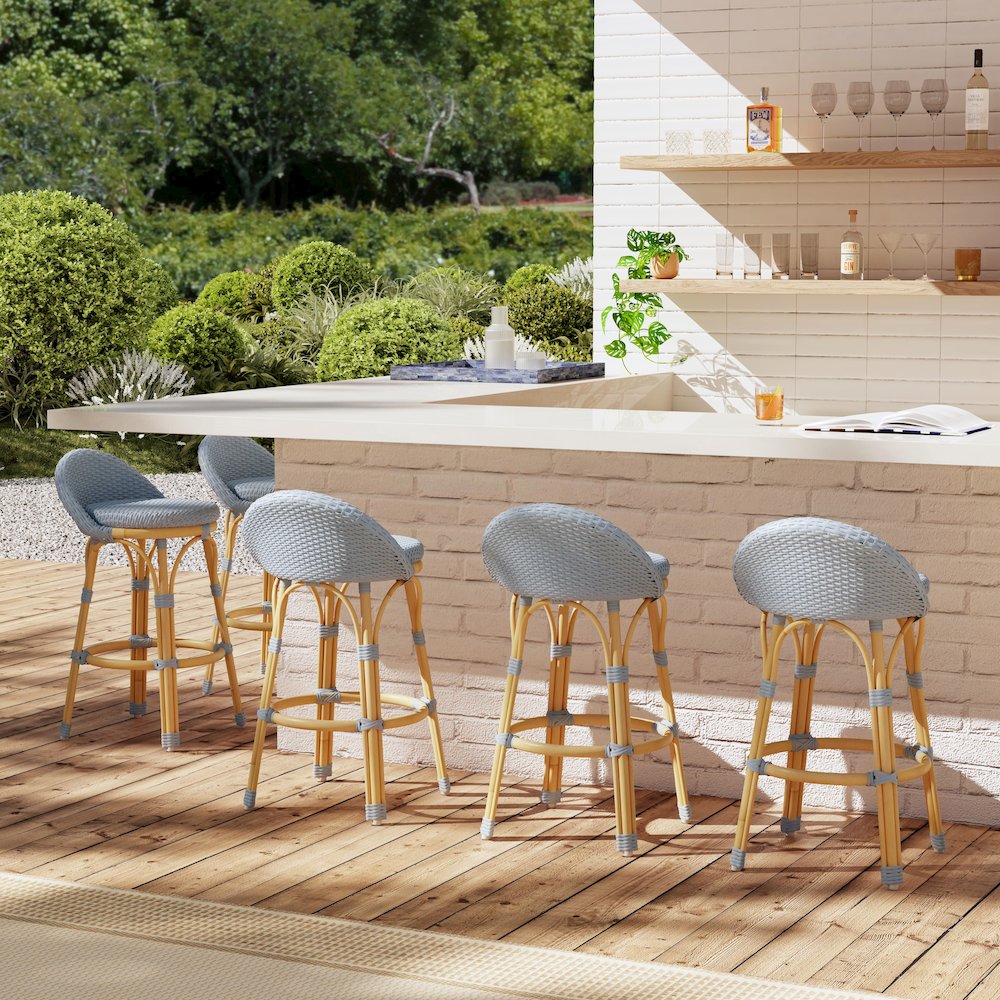 Tobias 24.5 in. Seat Height Outdoor Rattan and Metal Low Back Counter Stool