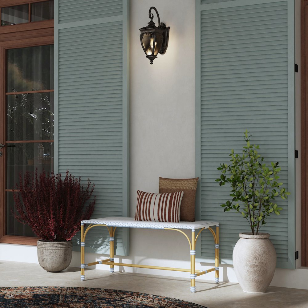 Tobias 40 in. W Outdoor Rectangular Rattan Dining Bench, White and Sky Blue Dot