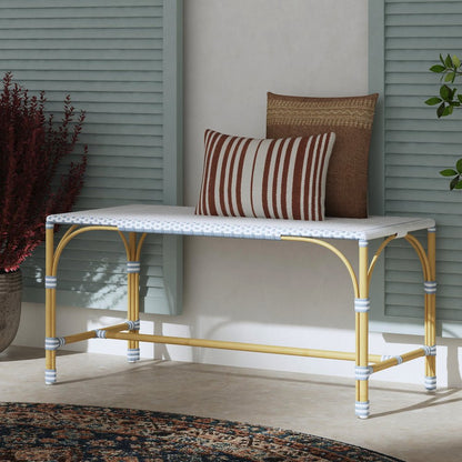Tobias 40 in. W Outdoor Rectangular Rattan Dining Bench, White and Sky Blue Dot