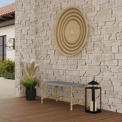 Tobias 40 in. W Outdoor Rectangular Rattan Dining Bench, Gray and White Dot