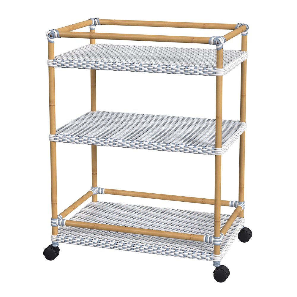 Tobias 24 in. W Outdoor Rattan and Metal 3 Tier Bar Cart, Baby Blue