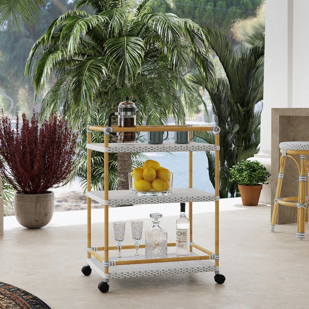 Tobias 24 in. W Outdoor Rattan and Metal 3 Tier Bar Cart, Baby Blue